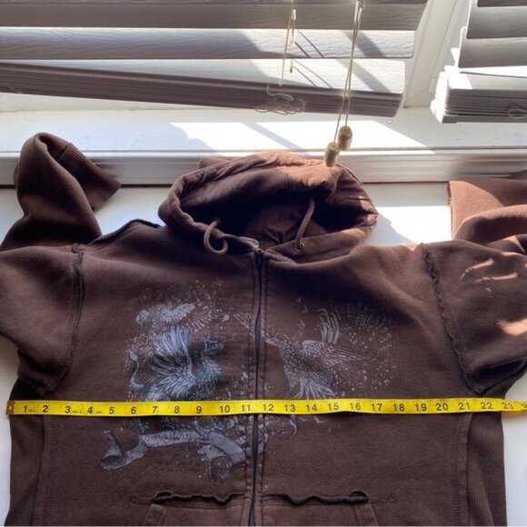 Y2K 725 Originals Full Zip Sweatshirt Woman XL Brown Dragon Streetwear Raw Hems - Picture 10 of 15